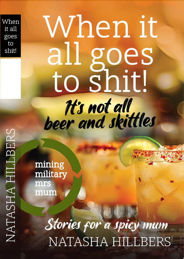 The cover of Natasha Hilbers' book, "When it All Goes to Sh!t - It’s Not All Beer and Skittles," immediately grabs attention with its vibrant and dynamic design. The background features a warm, golden bokeh effect, evoking a sense of evening relaxation and